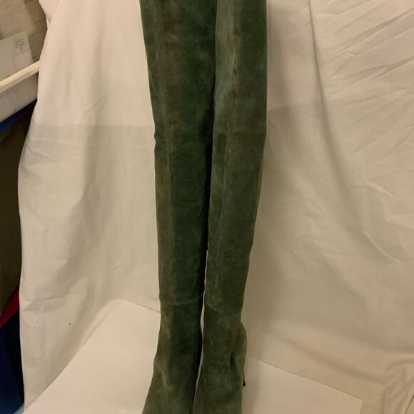 Chloe  Tall Leather Boots Size 35.5  High Heel Over The Knee Zip Green suede - Picture 6 of 12